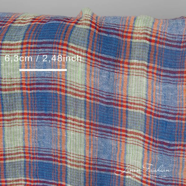 Lightweight washed linen fabric multicolour checks with measurements