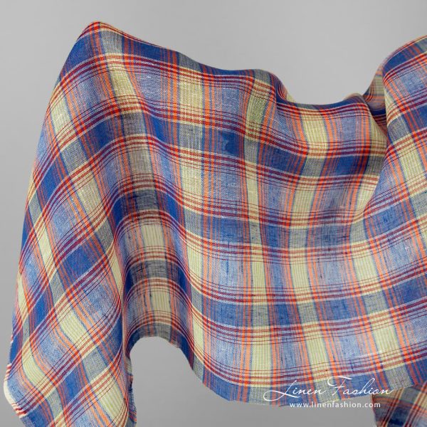 Transparent linen fabric in blue orange checks.