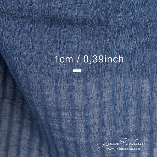 Blue linen fabric with openweave vertical stripes, washed