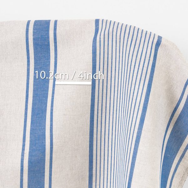 Linen cotton fabric beige with blue stripes, with undyed linen