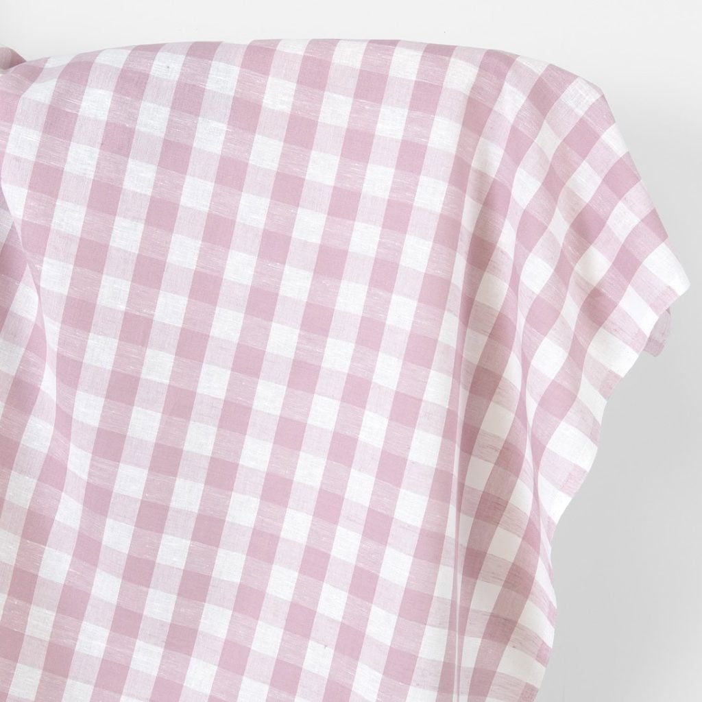 Linen cotton fabric white and pastel lilac checks