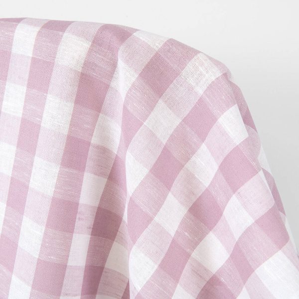 Linen cotton fabric white and pastel lilac checks, 150cm width
