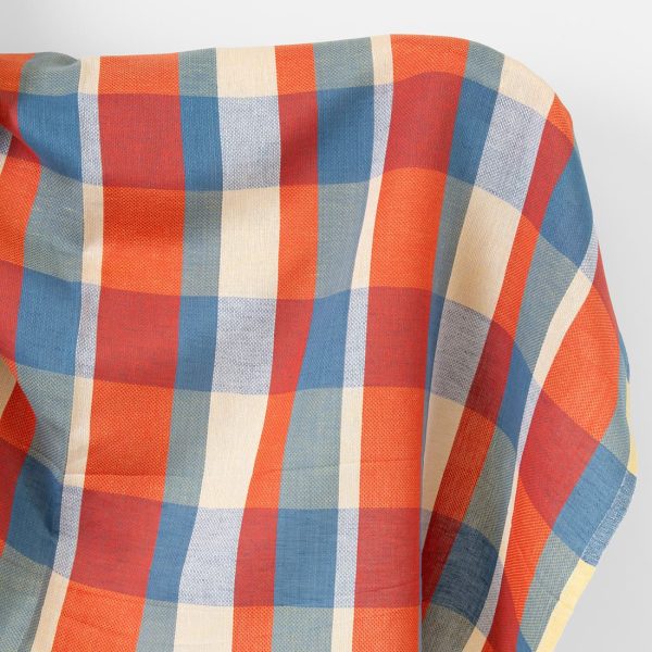 Linen cotton fabric blue red yellow checks