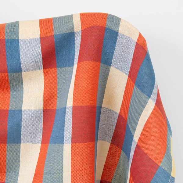 Linen cotton fabric blue red yellow checks, dobby