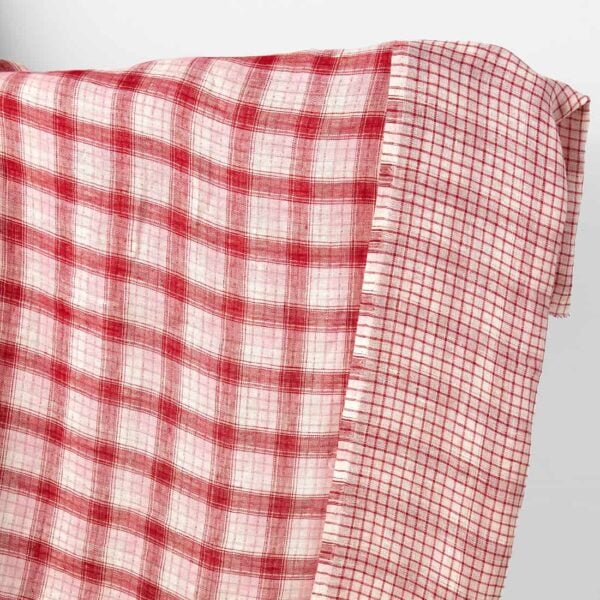 Linen fabric red, pink, cream double-sided checks