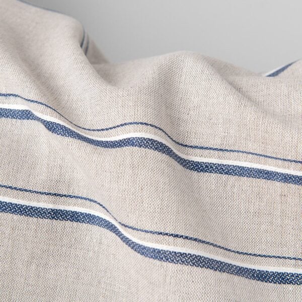 Linen cotton fabric white and natural melange with blue stripes, unwashed