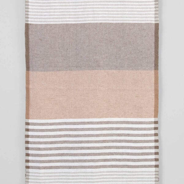 Narrow linen cotton fabric white with various brown stripes