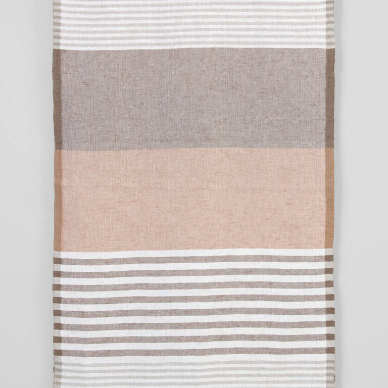 Narrow linen cotton fabric white with various brown stripes