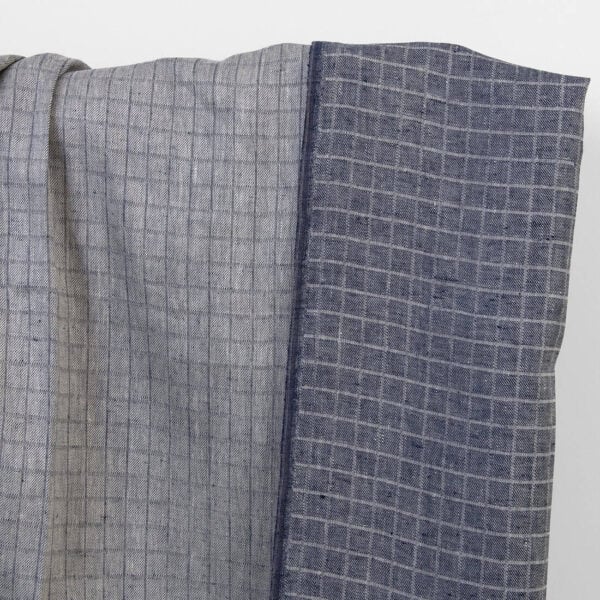 Linen fabric grey blue twill checks
