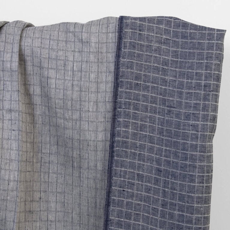 Linen fabric grey blue twill checks