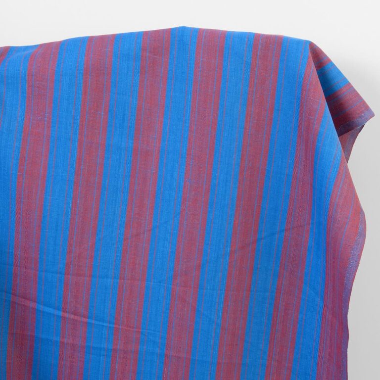 Linen cotton fabric red and blue herringbone stripes